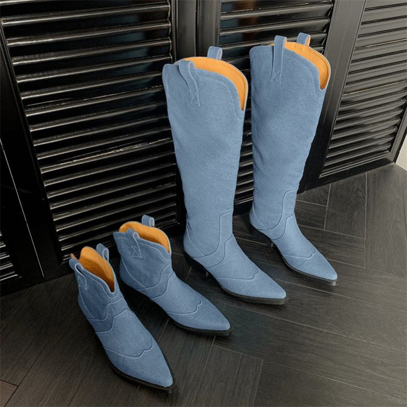 Damskie Buty Westernowe Ilaria - Niebieskie krótkie buty