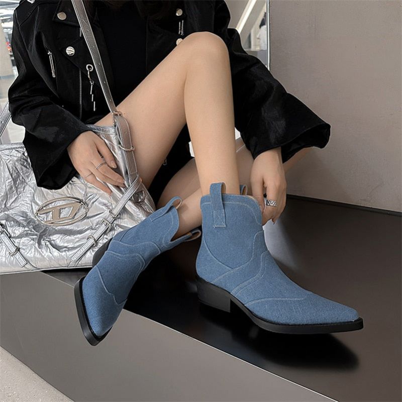 Damskie Buty Westernowe Ilaria - Niebieskie krótkie buty