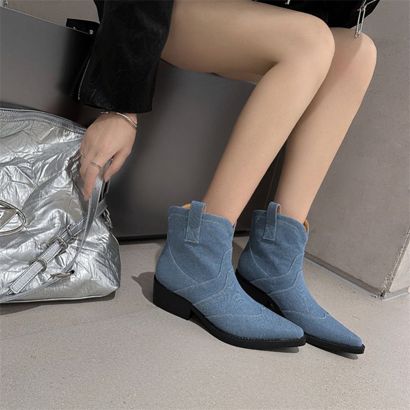 Damskie Buty Westernowe Ilaria - Niebieskie krótkie buty