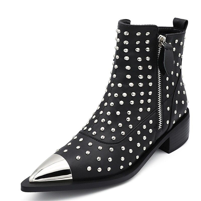 Damskie Buty Z Nitami Perona - Czarny Bez Futra