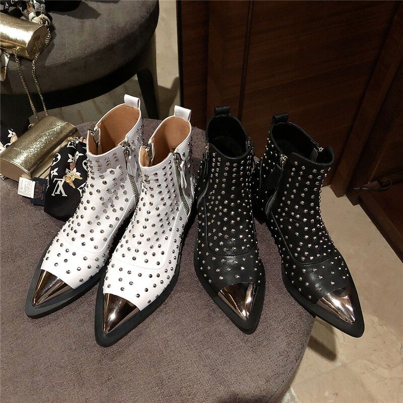 Damskie Buty Z Nitami Perona - Czarny Bez Futra