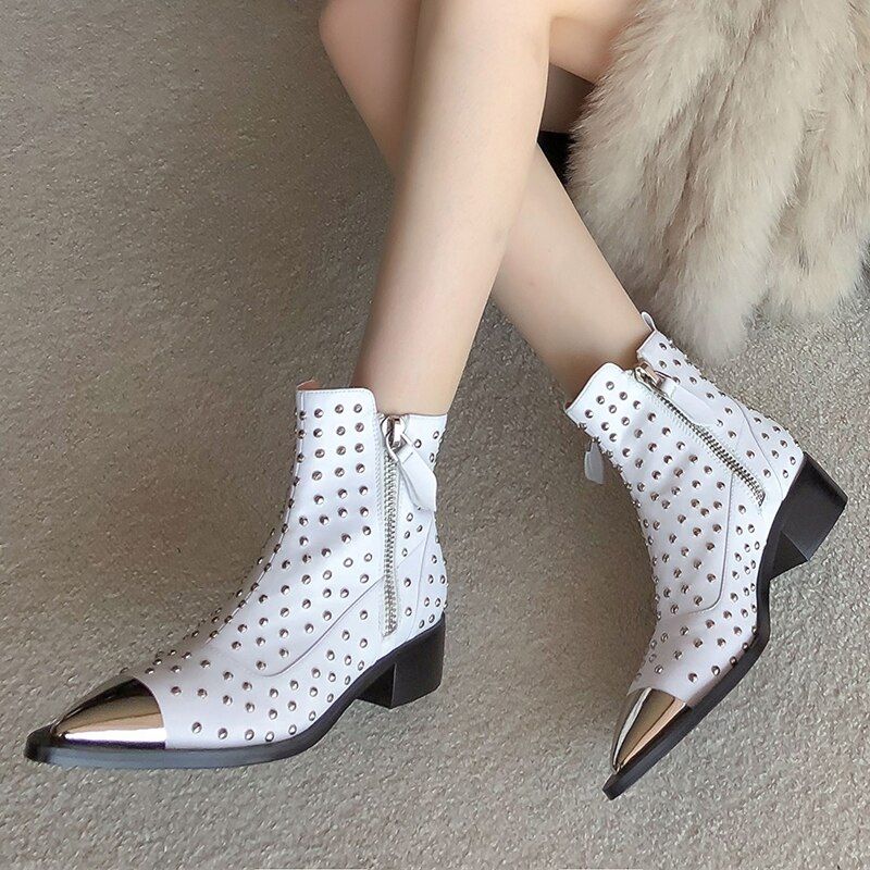 Damskie Buty Z Nitami Perona - Czarny Bez Futra