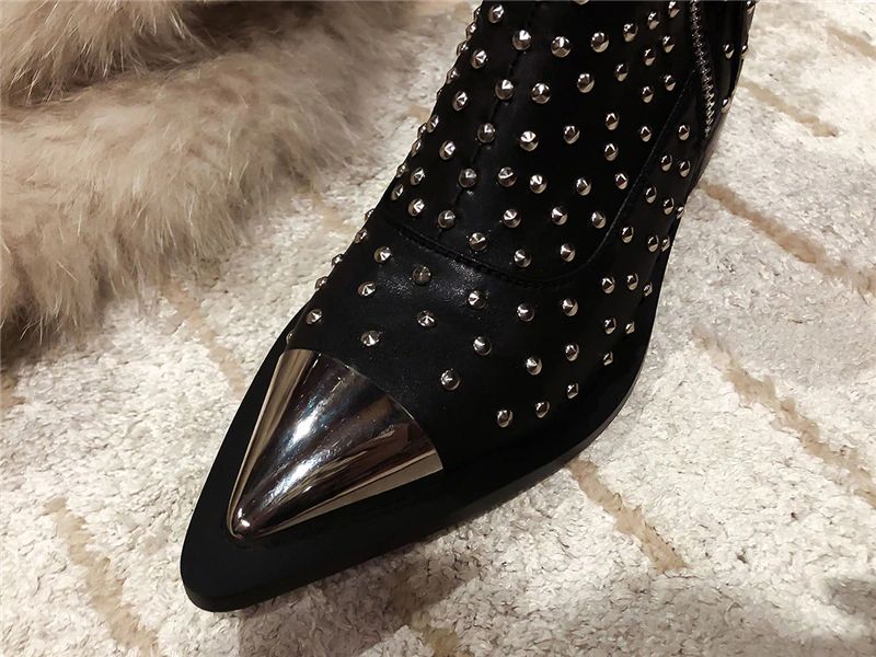 Damskie Buty Z Nitami Perona - Czarny Bez Futra