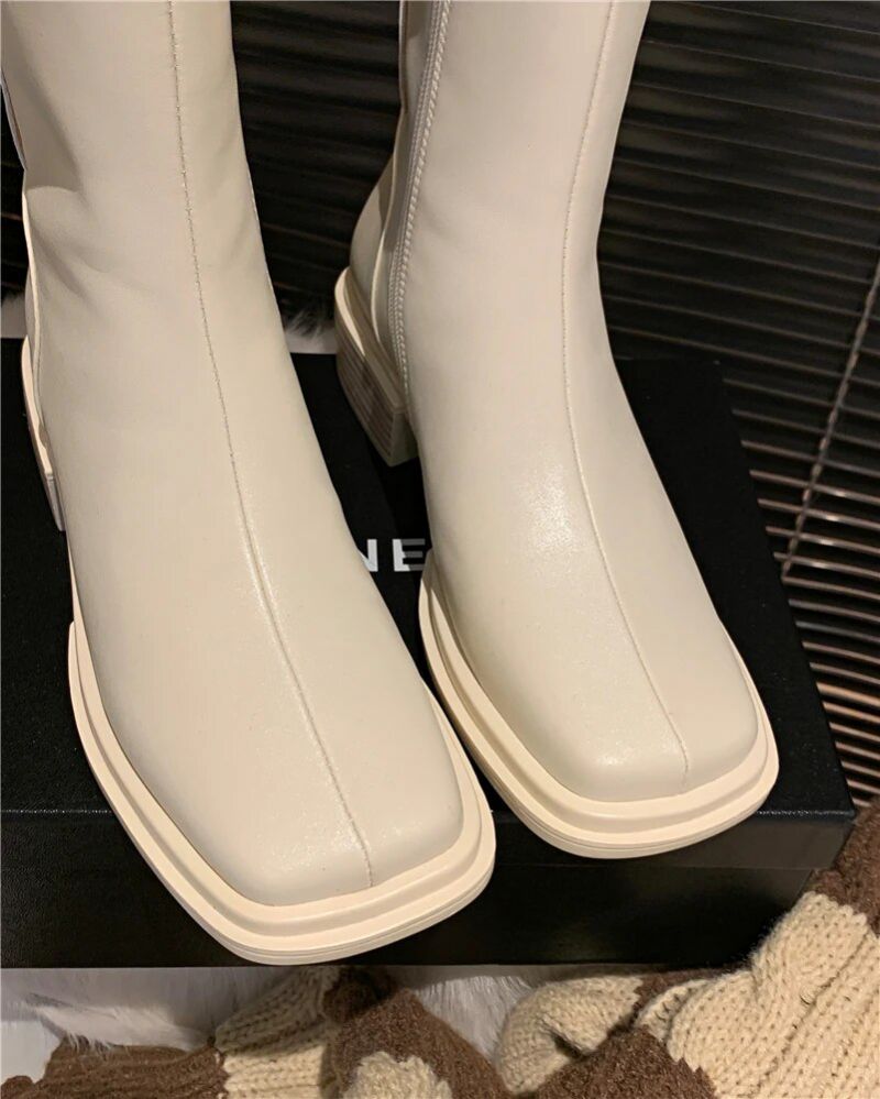 Damskie Długie Buty Macarena - Beżowy krótki plusz