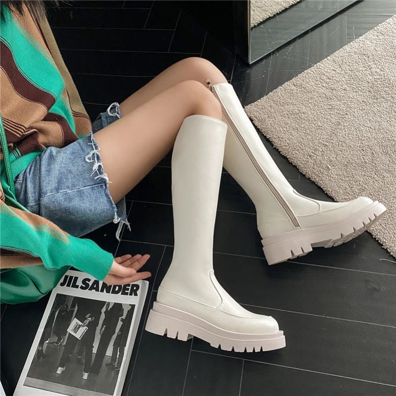 Damskie Długie Buty Skórzane Olga - Czarny bez futra