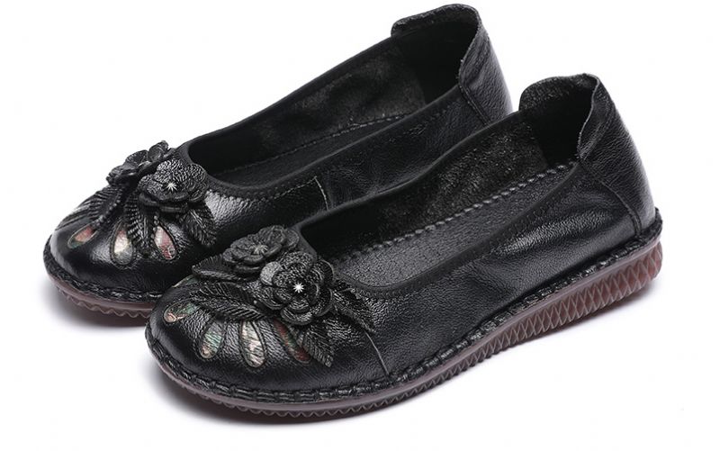 Damskie Płaskie Skórzane Buty Isabelita - Czarny