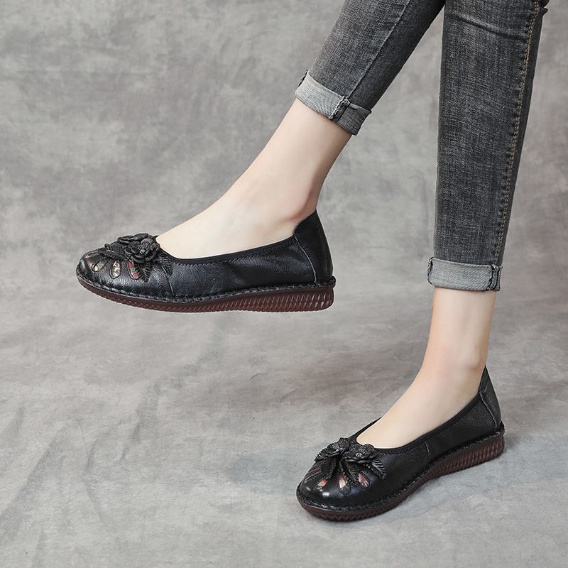 Damskie Płaskie Skórzane Buty Isabelita - Czarny