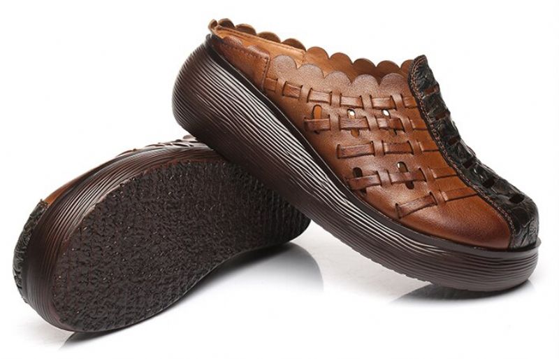 Damskie Skórzane Chodaki Alquimia W Stylu Retro - Brązowy