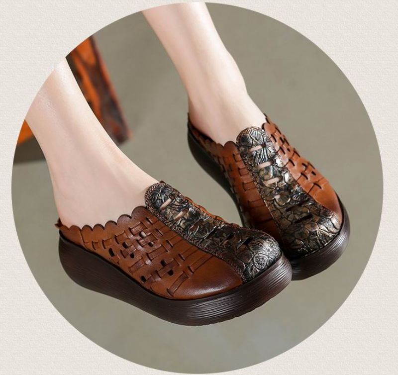 Damskie Skórzane Chodaki Alquimia W Stylu Retro - Brązowy