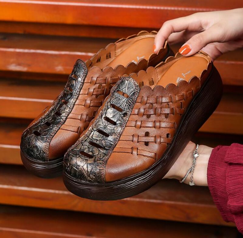 Damskie Skórzane Chodaki Alquimia W Stylu Retro - Brązowy