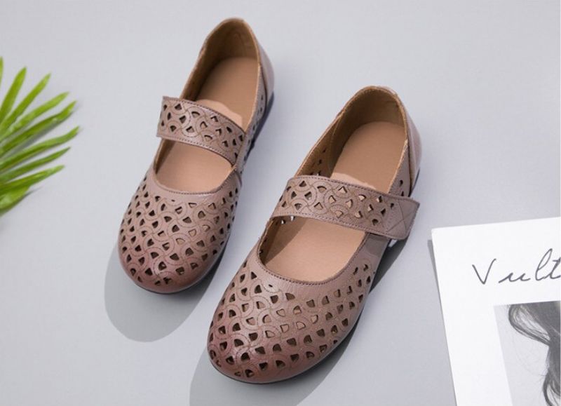 Damskie Skórzane Płaskie Buty Hazel - Khaki
