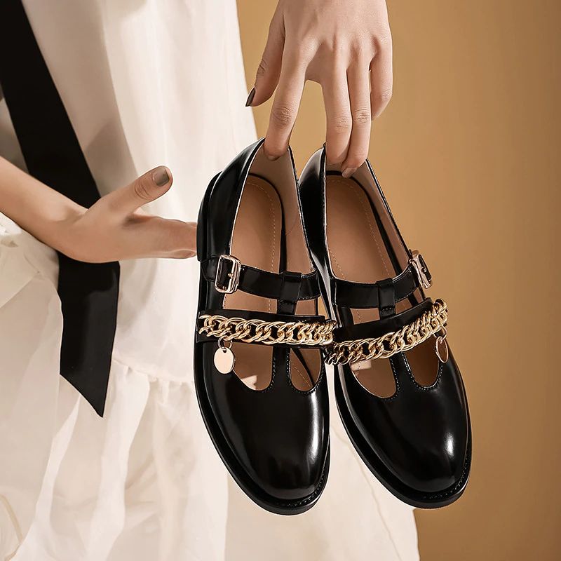 Damskie Skórzane Płaskie Buty Julia - Czarny