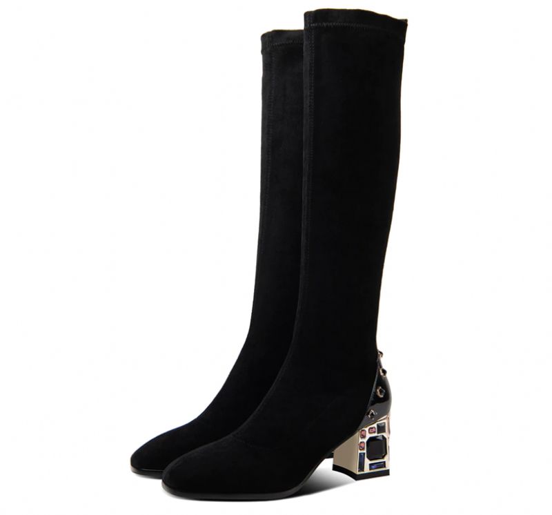 Damskie Zamszowe Buty Do Kolan Romy - Czarny