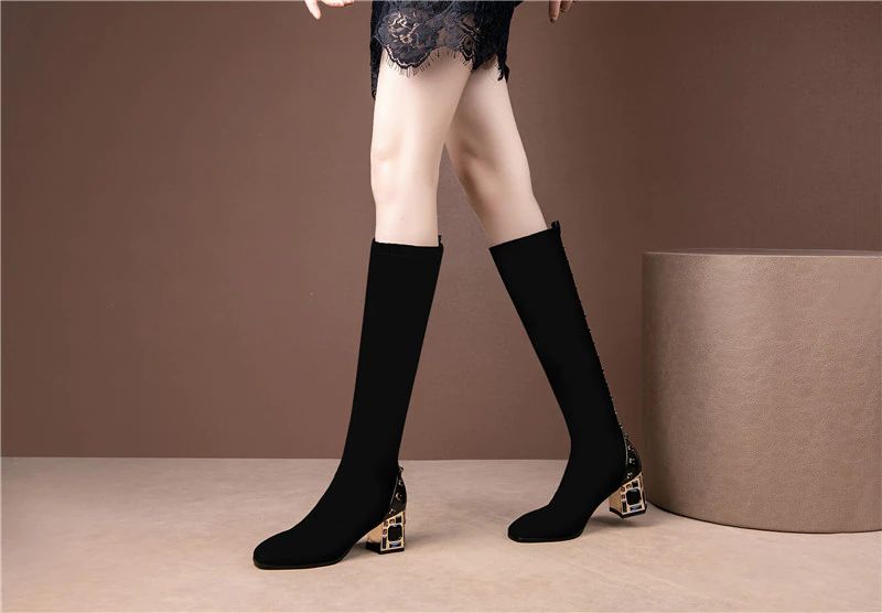 Damskie Zamszowe Buty Do Kolan Romy - Czarny