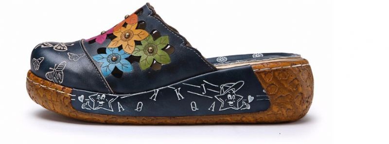 Diana Damskie Platformowe Skórzane Clogs - Niebieski