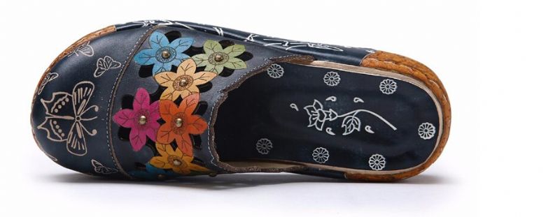 Diana Damskie Platformowe Skórzane Clogs - Niebieski