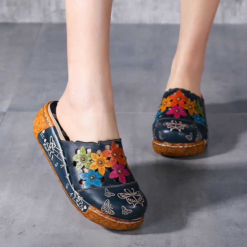 Diana Damskie Platformowe Skórzane Clogs - Niebieski