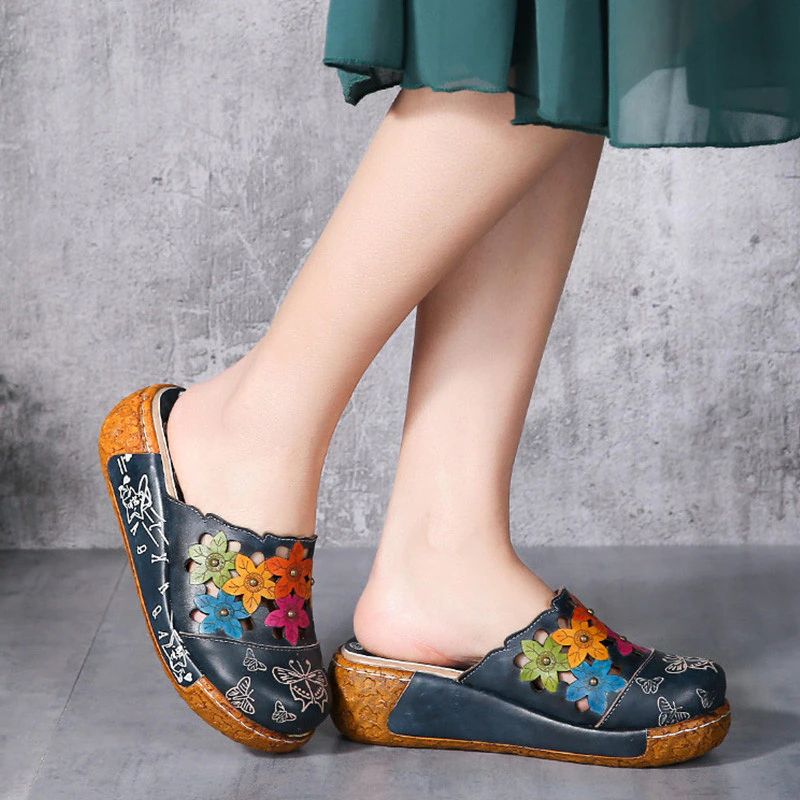 Diana Damskie Platformowe Skórzane Clogs - Niebieski