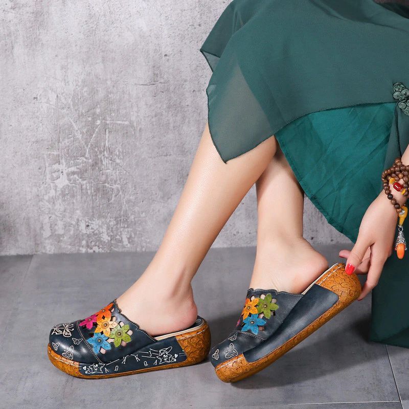 Diana Damskie Platformowe Skórzane Clogs - Niebieski