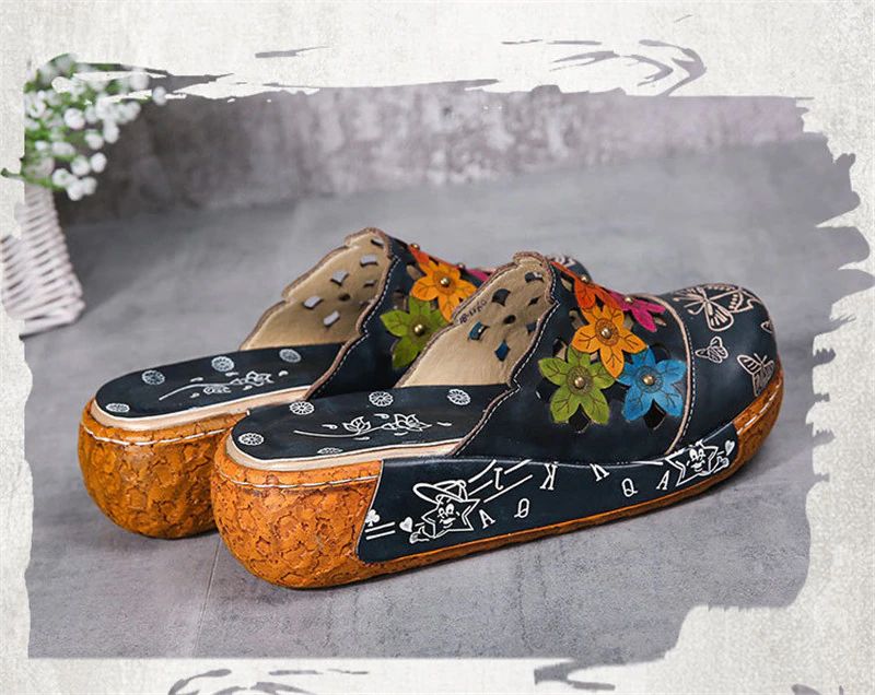 Diana Damskie Platformowe Skórzane Clogs - Niebieski