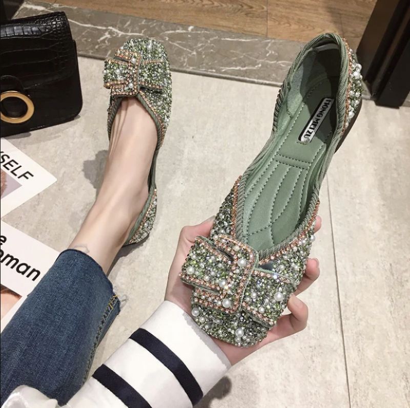 Eleganckie Płaskie Buty Damskie Cristal - Zielony
