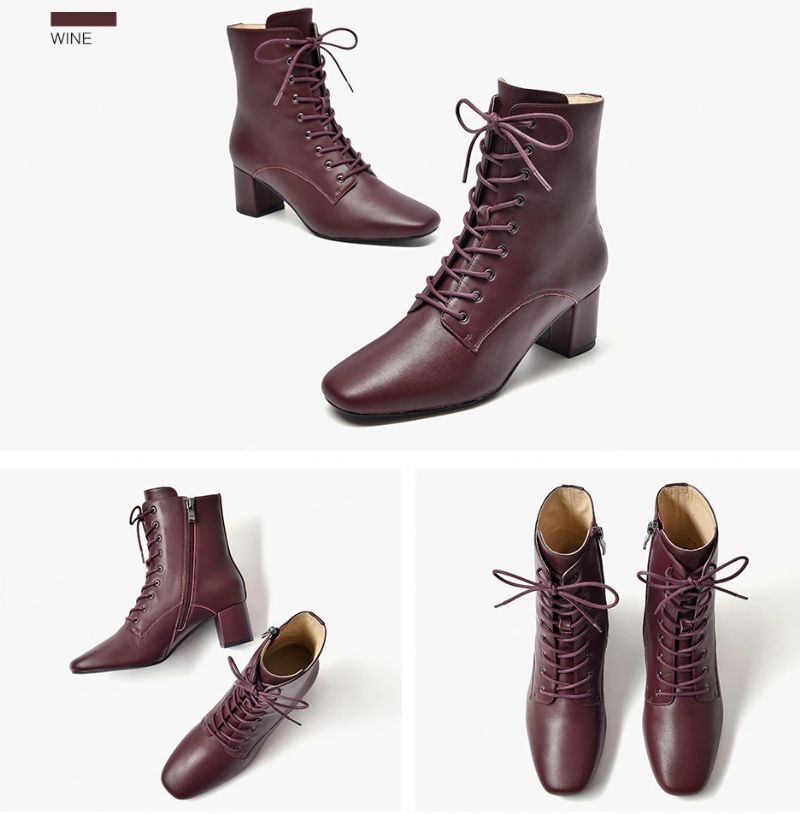 Eugene Damskie Eleganckie Skórzane Botki Do Kostki - Wino