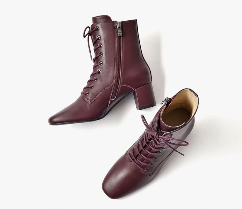 Eugene Damskie Eleganckie Skórzane Botki Do Kostki - Wino