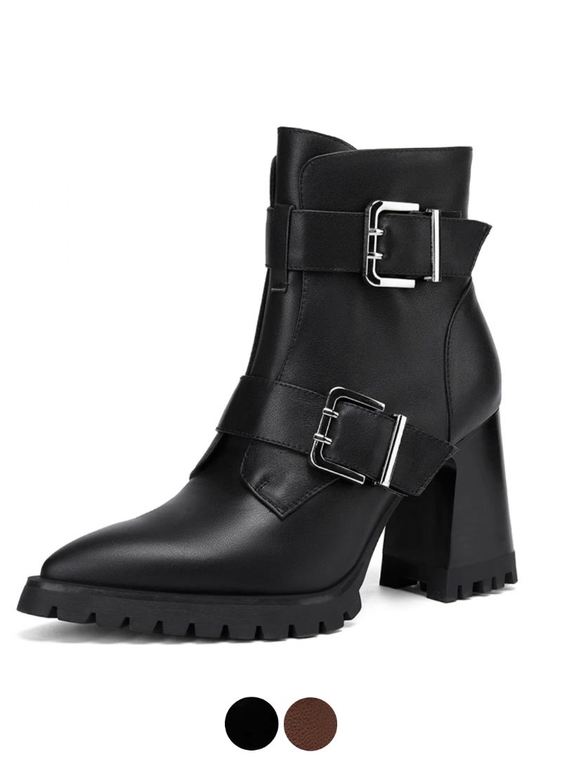 Karla Damskie Skórzane Buty Typu Chunky High Heel Ankle Boots