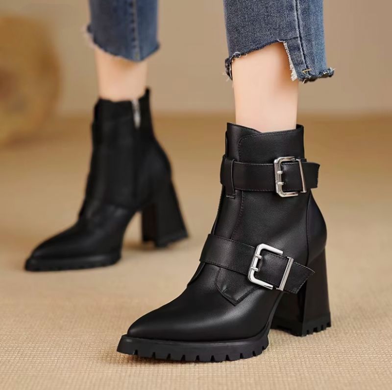 Karla Damskie Skórzane Buty Typu Chunky High Heel Ankle Boots - Czarny