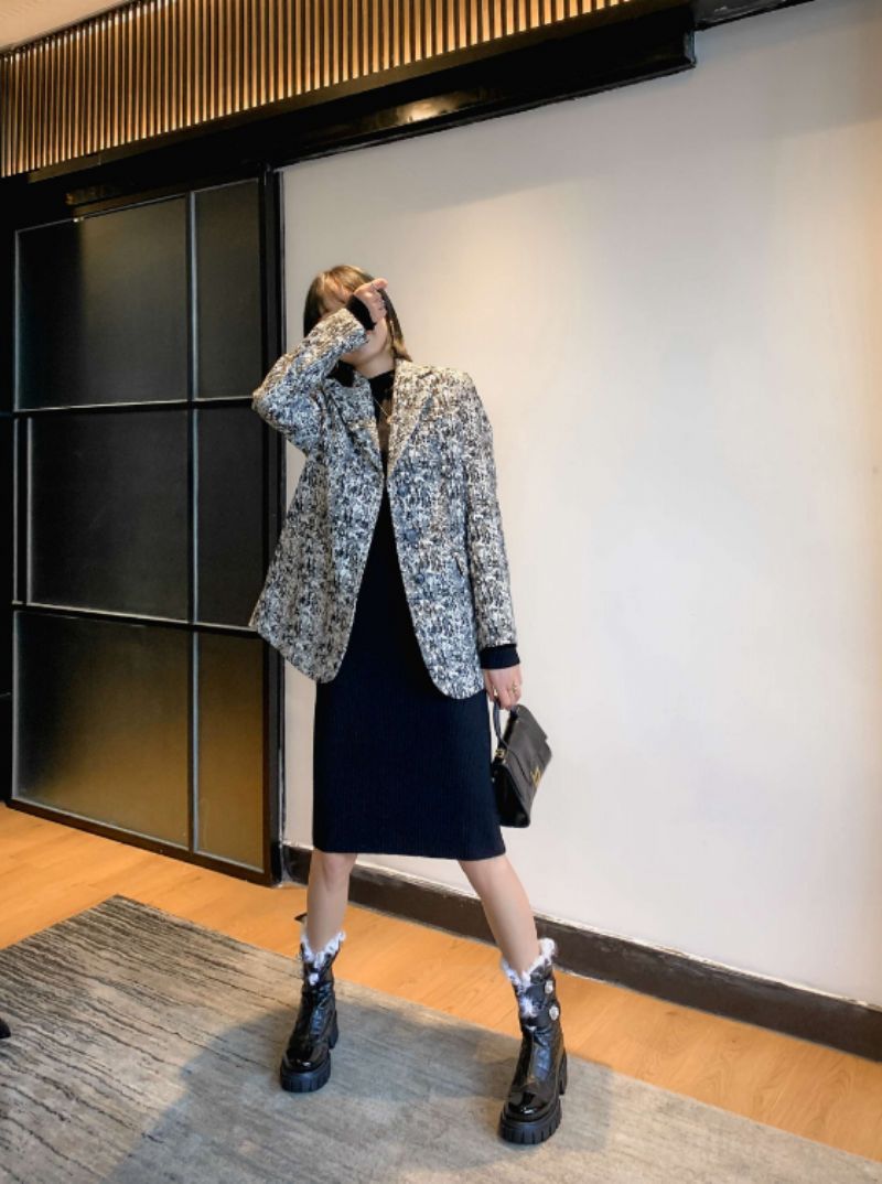 Kristen Damskie Czarne Buty Śnieżne Na Wysokim Obcasie Z Perłową Ozdobą Do Połowy Łydki - Czarny