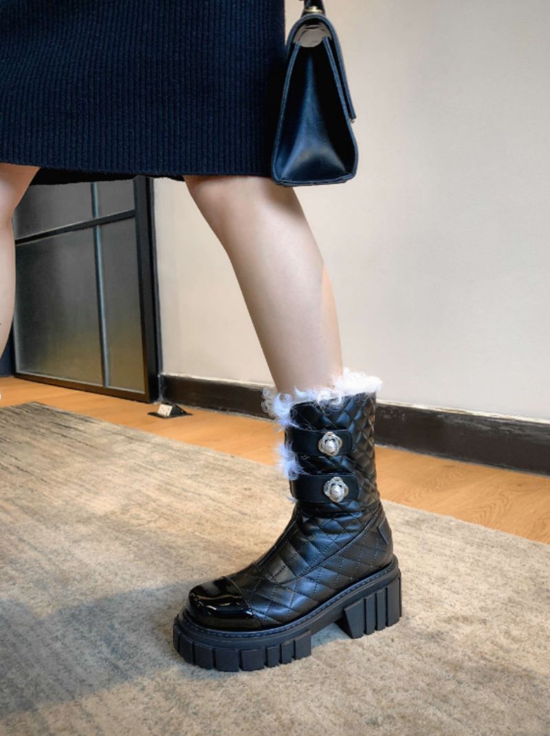 Kristen Damskie Czarne Buty Śnieżne Na Wysokim Obcasie Z Perłową Ozdobą Do Połowy Łydki - Czarny