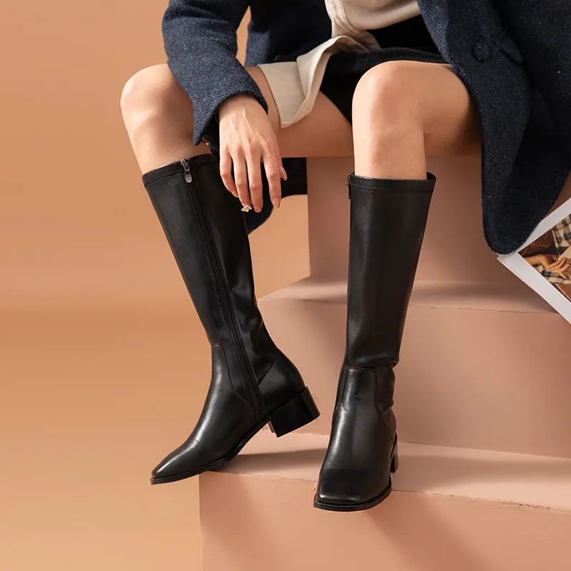 Kumail Damskie Skórzane Buty Do Kolan - Czarny