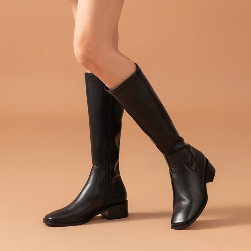 Kumail Damskie Skórzane Buty Do Kolan - Czarny