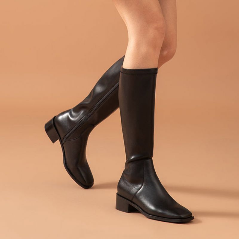 Kumail Damskie Skórzane Buty Do Kolan - Czarny