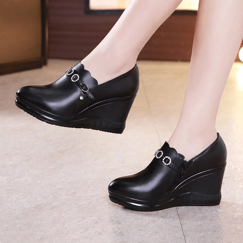 Letty Damskie Buty Na Platformie - Czarna skórzana podszewka