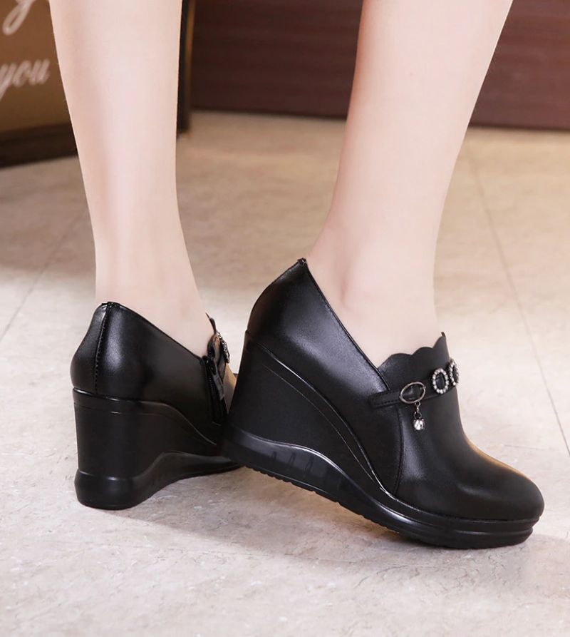 Letty Damskie Buty Na Platformie - Czarna skórzana podszewka
