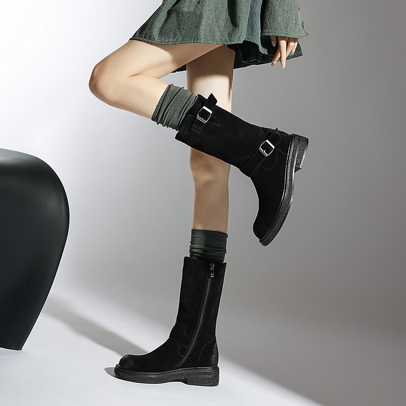 Luvy Damskie Buty Do Połowy Łydki Z Okrągłym Noskiem - Czarny