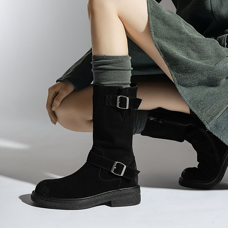 Luvy Damskie Buty Do Połowy Łydki Z Okrągłym Noskiem - Czarny