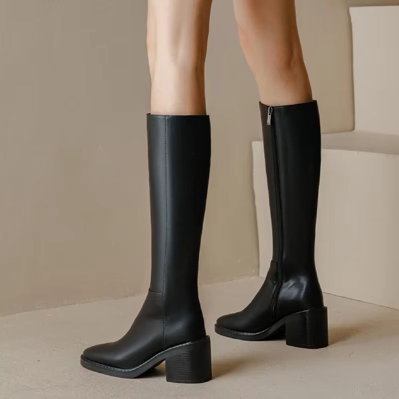 Malena Damskie Skórzane Wysokie Czarne Buty - Czarny