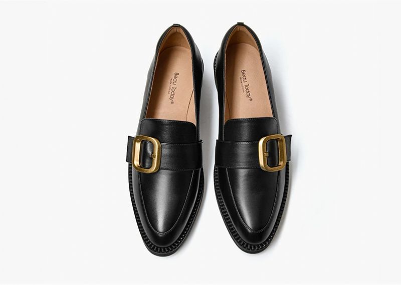 Mallet Damskie Płaskie Skórzane Buty Typu Loafer - Czarny