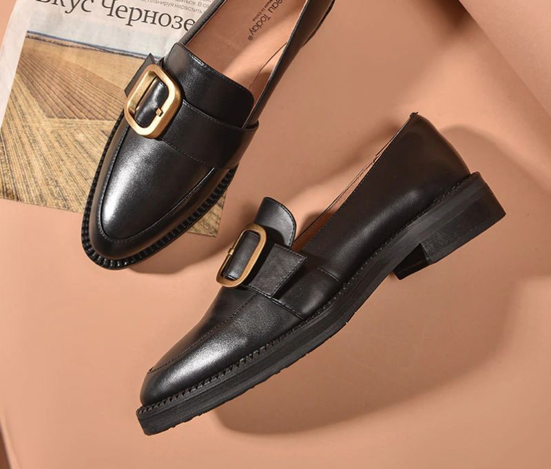 Mallet Damskie Płaskie Skórzane Buty Typu Loafer - Czarny