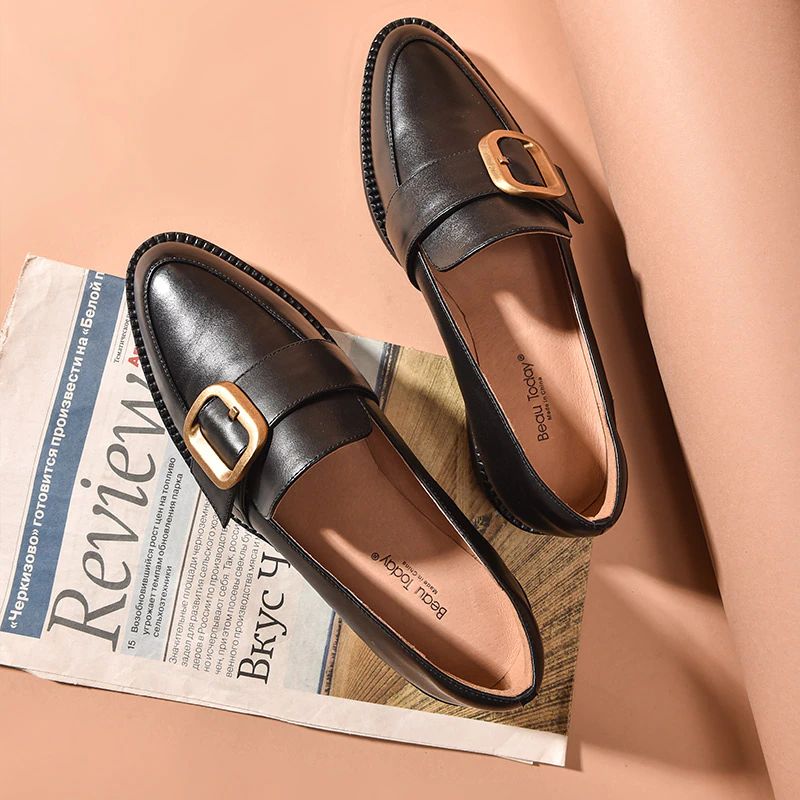 Mallet Damskie Płaskie Skórzane Buty Typu Loafer - Czarny