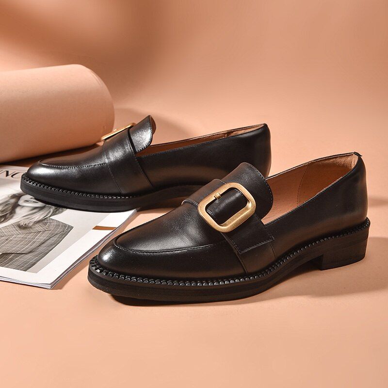 Mallet Damskie Płaskie Skórzane Buty Typu Loafer - Czarny