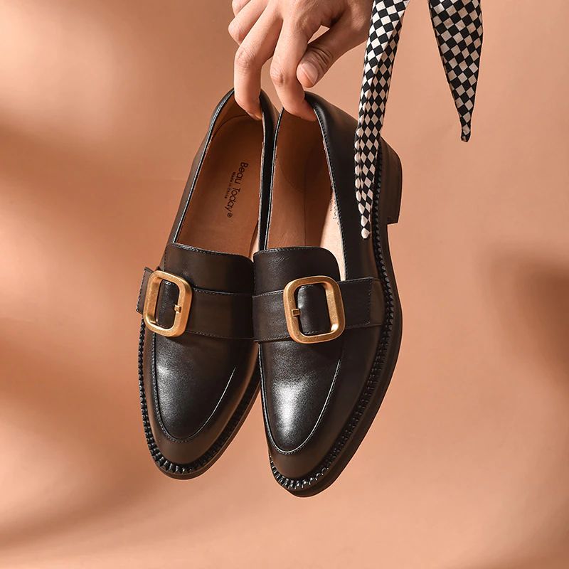 Mallet Damskie Płaskie Skórzane Buty Typu Loafer - Czarny