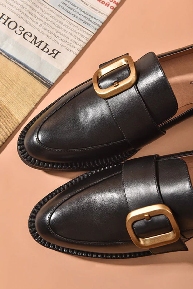 Mallet Damskie Płaskie Skórzane Buty Typu Loafer - Czarny