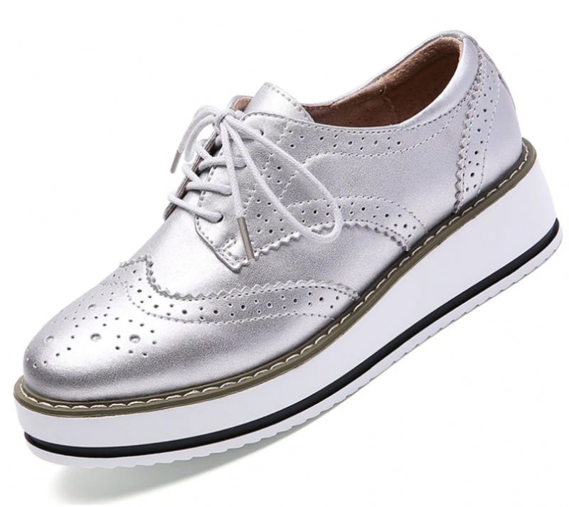 Mau Damskie Buty Oxford Ze Skóry Skórzanej - Srebrny