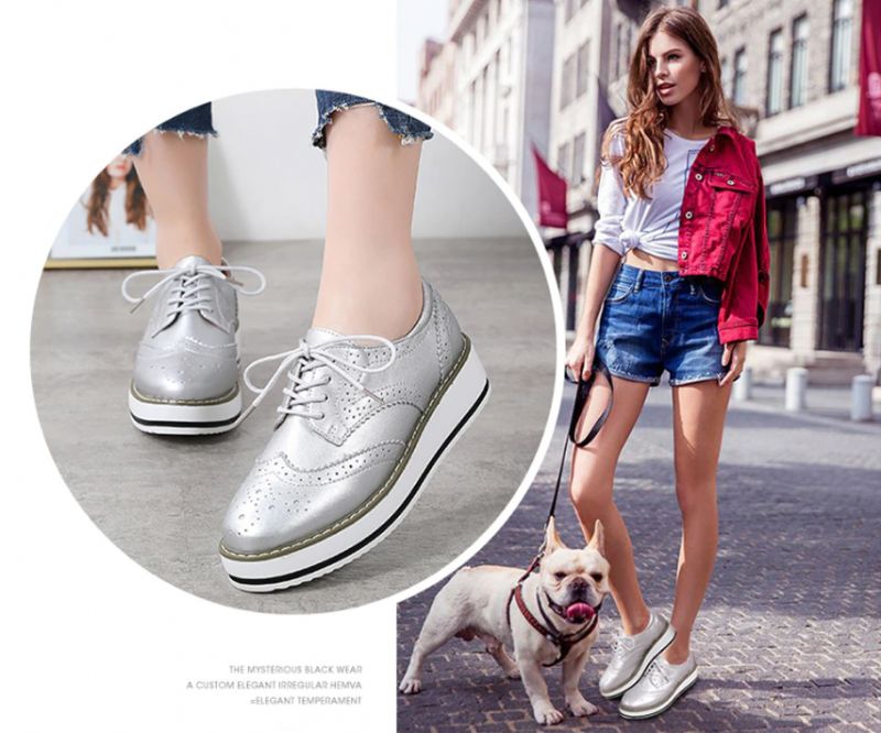 Mau Damskie Buty Oxford Ze Skóry Skórzanej - Srebrny