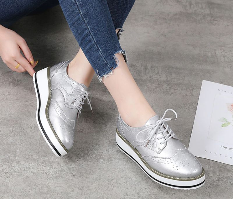 Mau Damskie Buty Oxford Ze Skóry Skórzanej - Srebrny