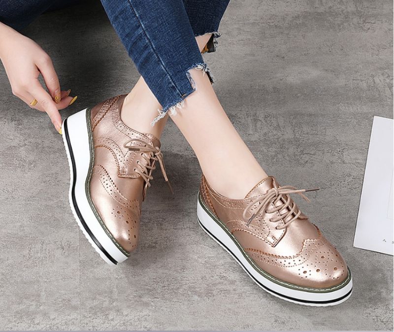 Mau Damskie Buty Oxford Ze Skóry Skórzanej - Srebrny