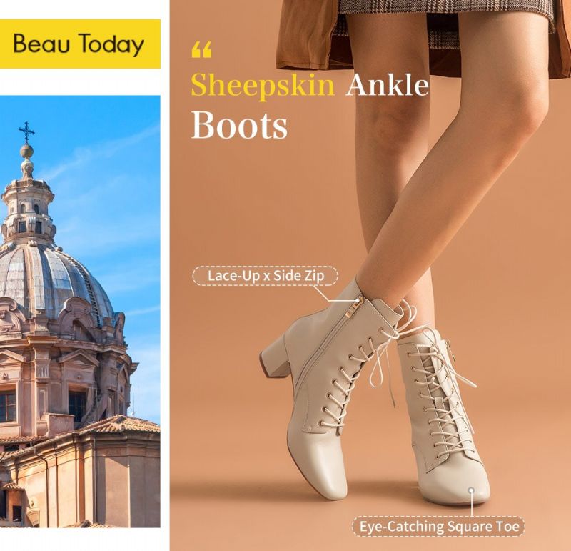 Mercy Damskie Sznurowane Buty Na Wysokim Obcasie Z Prawdziwej Skóry - Beżowy